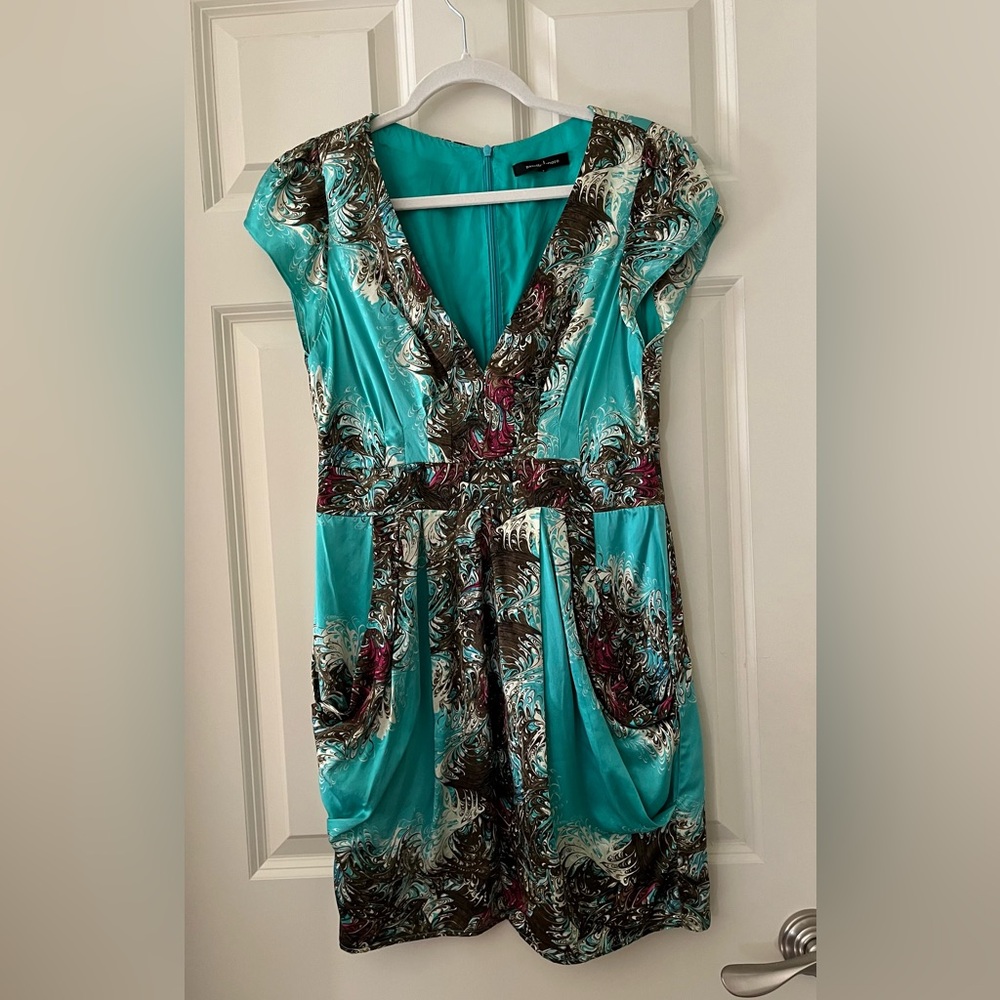 Nanette LePore Turquoise silk floral mini dress short sleeve V neck pockets 4
